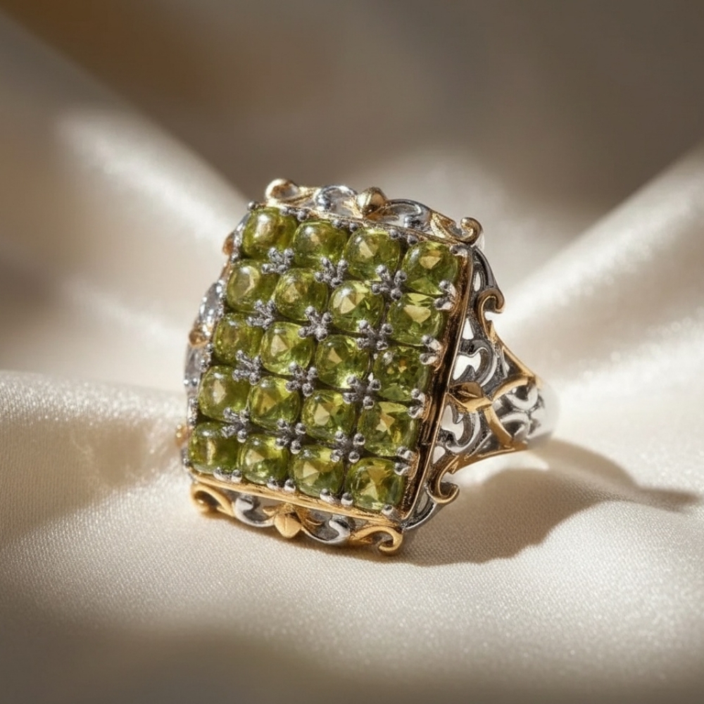 Italian Vesuvianite Platinum & 14K Yellow Gold Vermeil Over 925 Cluster Ring